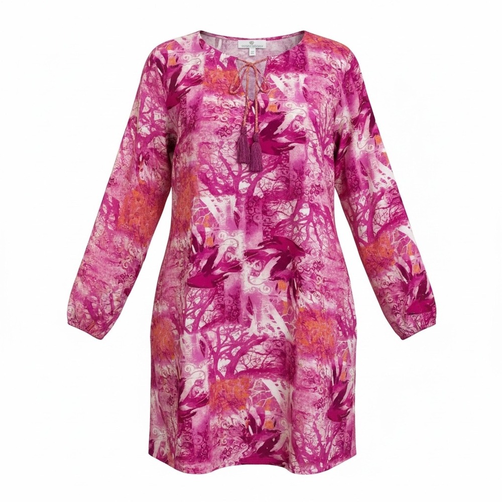 Susan Graver Pink Abstract Tree Tunic Top Gold Metallic Lurex Tassel‎ L Large